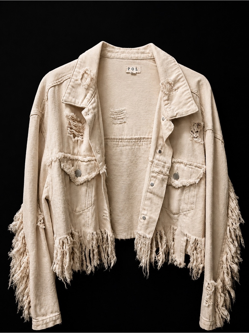 POL Beige Distressed Fringe Cropped Jean Jacket